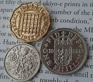 1955年 英国 3種類コインイギリス 3ペンス 6ペンス シリングエリザベス女王ブリティッシュ本物古銭