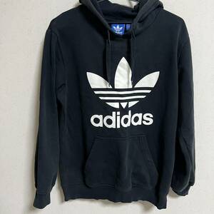 adidas パーカー　黒　Mサイズ　ビッグロゴ アディダス フーディー ブラック　古着　【即決あり】