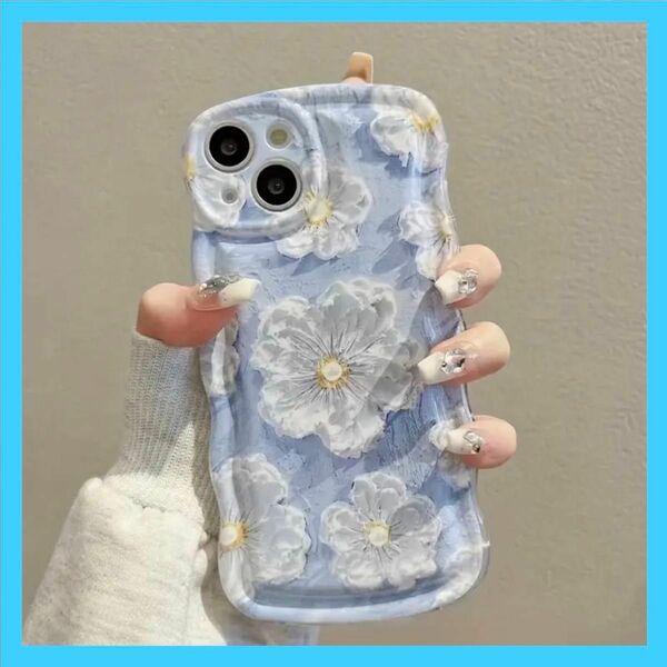【iPhone 15】 油絵風 花柄 レトロ 韓国 シリコン スマホケース【ブルー】可愛い 軽量 スマホカバー TPU