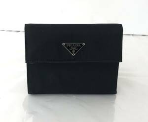 【HT4841】PRADA プラダ 三つ折り財布 34 ロゴプレート 三角ロゴ ナイロン レザー 黒 ブラック お札入れ 小銭入れ ウォレット 財布