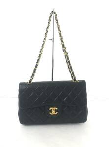 【HI1324】CHANEL シャネル ラムスキン マトラッセ Wフラップ Wチェーン ショルダーバッグ ブラック 黒 1462041 バッグ 袋付き 箱付き