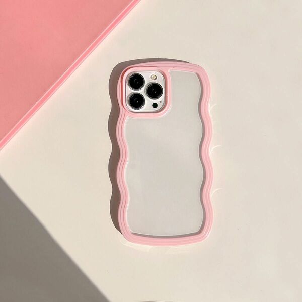 【iPhone14pro/ピンク】iPhoneケース ウェーブ 背面クリア 韓国 カバー スマホケース パステルカラー うねうね