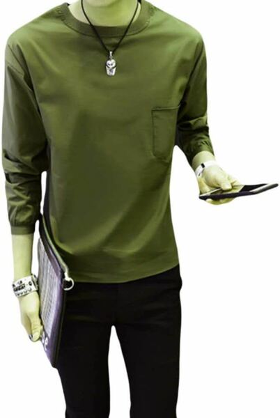 メンズ ロングTシャツ シンプル　カジュアル 無地　七分袖　カーキ　XL