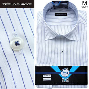 220525.011-3 TECHNO WAVE×ファブリーズ 消臭抗菌 形態安定 M(39-82) ワイドカラー長袖ドレスシャツ ネイビーストライプ ホワイト 紺×白