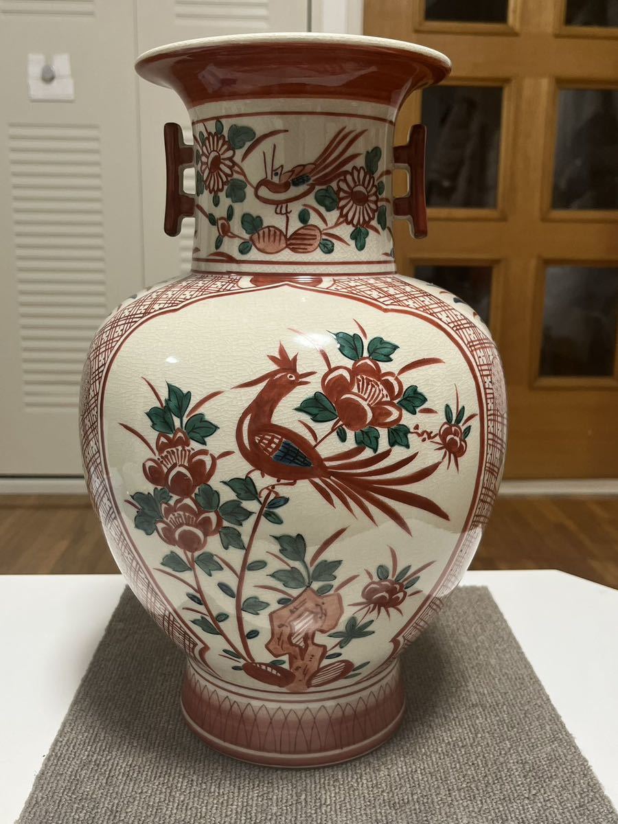 loza kutani, Kutani Bunsui, fénix de dos orejas pintado a mano, flor, pájaro, y peonía, florero, florero grande, objeto extraño, artículo de época, artículo chino, ceramica japonesa, kutani, florero, maceta