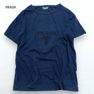 PRADA プラダ センターロゴ ビーズ装飾 半袖 カットソー Tシャツ 紺 ネイビー レディース