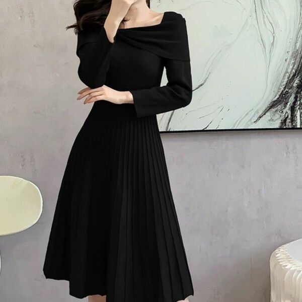 韓国ファッションレディース柔らかくセーターワンピース 黒 長袖