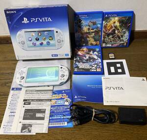 動作品 PSVITA プレイステーション・ヴィータ Light Blue/White PCH-2000 箱説付 + 専用メモリーカード16GB＋ソフト4種類 SONY ソニー