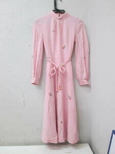 (10)☆馬里邑 マリムラ ワンピース ピンク 花刺繍 サイズ9号 レトロ 毛混 