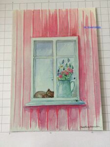 【北欧雑貨スウェーデン】未使用・長期在庫品◆絵葉書・ポストカード◇イラスト《猫のいる窓辺・ピンクの家》Christina Johansson