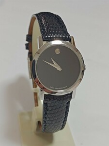 美品 稼働品 MOVADO ミュージアム レディース腕時計 黒色文字盤 新品電池 オリジナル革ベルト、尾錠