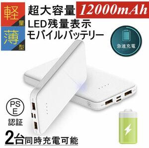 モバイルバッテリー12000mAh 2A急速充電 スマホ充電器 2USBポート MicroとType-C入力ポート 2台同時充電