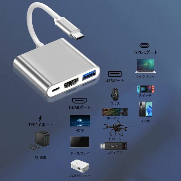 Vikisda 3in1 Type-C to HDMI 変換アダプター 4k 解像度 HDMIポート+USB 3.0高速ポート+タイプC急速PD充電ポート