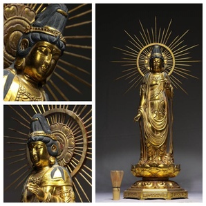 ＜彩文＞激安出品わけがあり、 最後チャンス 仏教美術 穏やかな顔 丁寧に仕上げ、楠木 聖観音菩薩様像  一本彫 の画像1