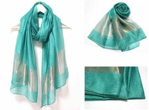  natural silk 100%! gorgeous lame entering switch large size stole / shawl / scarf! blue green UV measures cooling measures tere Work wedding birthday present 