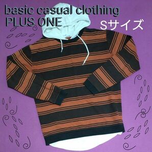 トップス PLUS ONE basic casual clothing 重ね着風 長そで ボーダー パーカー S Sサイズ 長袖