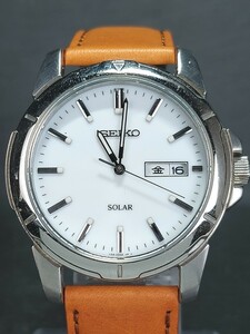 新品 SEIKO セイコー SOLAR V158-0AN4 メンズ アナログ ソーラー 腕時計 ホワイト文字盤 デイデイト ステンレス レザーベルト 動作確認済み