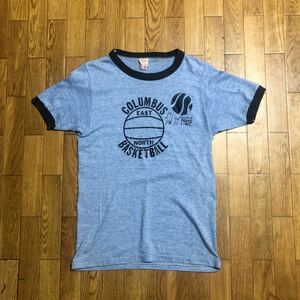 〜80s USA製 columbus basketball トリム Tシャツ 水色 紺 サイズ不明 XS 古着 ヴィンテージ 霜降り