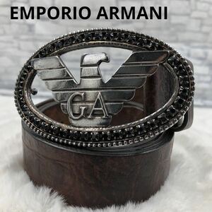 [希少] EMPORIO ARMANI エンポリオアルマーニ メンズ ベルト デカロゴ イーグル GA クロコ型押し オールレザー 本革 ブラウン シルバー金具