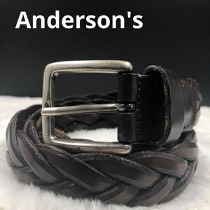[人気モデル]Anderson's アンダーソンズ メンズ ベルト シップス別注 SHIPS メッシュ 編み込み オールレザー 本革 ブラウン 茶 85サイズ 