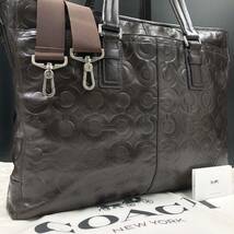 COACH コーチ メンズ ビジネスバッグ ブリーフケース ショルダーバッグ 2way オプアート 型押し オールレザー 本革 A4◎ PC◎ ブラウン 3層_画像1