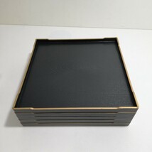 合成漆器 板目 金縁 四方盆 16.5cm×16.5cm 5枚セット 未使用品 [ お盆 正角盆 菓子皿 菓子盆 茶懐石 トレー ]_画像4