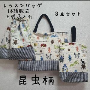 かぶと虫　昆虫柄　 レッスンバッグ 上靴入れ　体操服袋 入園入学 ハンドメイド　3点セット