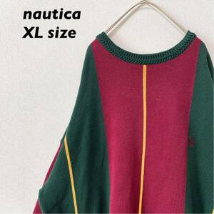 ノーティカ　ニット　セーター　無地　刺繍ロゴ　バイカラー　男女兼用　XLサイズ　NAUTICA ユニセックス　大きいサイズ　ビッグシルエット