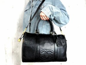 美品 CHANEL シャネル キャビアスキン ココマーク ボストンバッグ ハンドバッグ ショルダーバッグ バッグ レザー 黒 2WAY A4収納可 68585