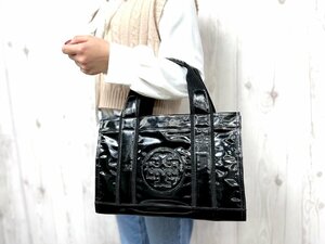 極美品 Tory Burch トリーバーチ トートバッグ ハンドバッグ バッグ パテントレザー×キャンバス 黒 A4収納可 68592