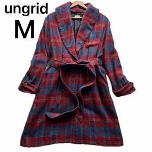 ungrid ロングコート ロングカーディガン チェック ベルト付き M アングリッド 赤 レッド レディース 