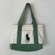 POLO RALPH LAUREN ポロ ラルフローレン トートバッグ ハンドバッグ　キャンバス アイボリー×グリーン　ミニサイズ_画像1