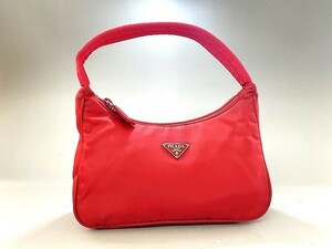 1円～ 中古 売り切り PRADA プラダ ミニハンドバッグ ポーチ 三角プレート ナイロン/キャンバス レッド 赤 鞄 手提げ レディース