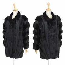 美品【 レア★金 SAGA MINK 】￥1000～　高級毛皮　羊革×ミンク◆セミロングコート/84cm丈　袖：太目　ブラック×ダークグレー◆T498T_画像4