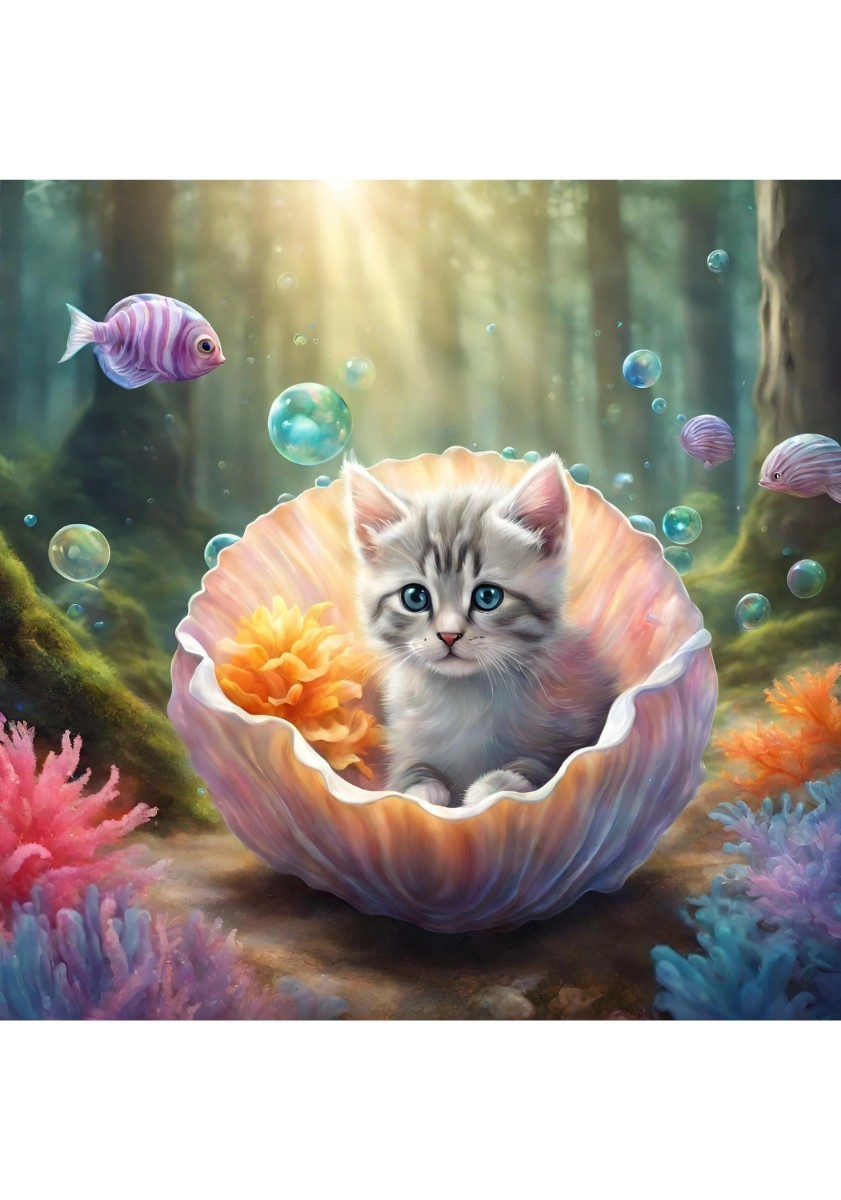 子猫 9枚セット 猫 花 森 魚 AIイラスト 絵 絵画 インテリア L版サイズプリント, 美術品, 絵画, その他