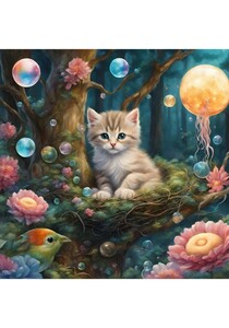 Art hand Auction 子猫 9枚セット 猫 花 森 クラゲ イラスト 絵 絵画 インテリア L版サイズプリント 幻想的, 美術品, 絵画, その他