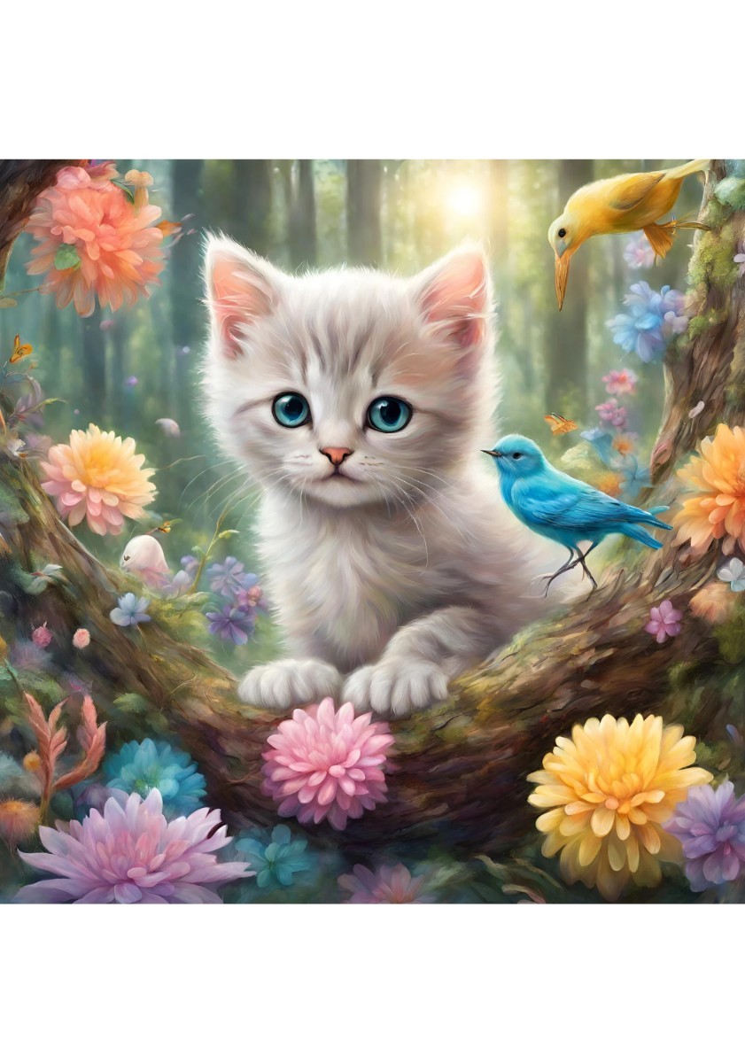 Gatito Conjunto de 9 Gato Flor Bosque Seta Luna Estrella Ilustración Pintura Interior L Tamaño Impresión Hecha a mano, obra de arte, cuadro, otros