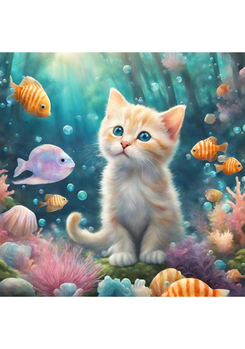 子猫 魚 森 貝殻 ねこ イラスト 絵画 絵 インテリア L版プリント ★NO118, ホビー, カルチャー, 美術品, その他