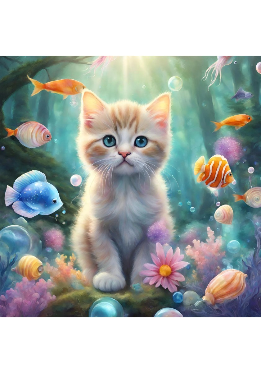 子猫 魚 森 貝殻 ねこ イラスト 絵画 絵 インテリア L版プリント ★NO117, ホビー, カルチャー, 美術品, その他