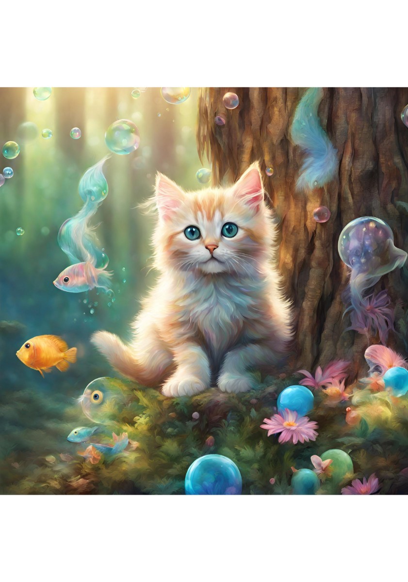 子猫 魚 森 貝殻 ねこ イラスト 絵画 絵 インテリア L版プリント ★NO116, ホビー, カルチャー, 美術品, その他