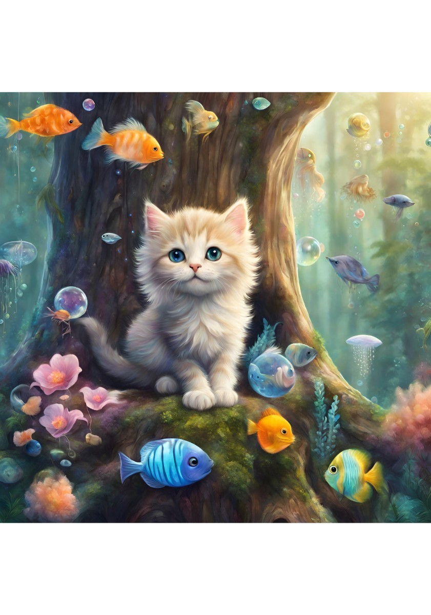 Kitten Fish Forest Seashell Cat Illustration Painting Picture Interior L-size Print ★NO115, Hobby, Culture, Artwork, others