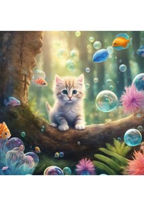 子猫　魚　森　貝殻　ねこ　イラスト 絵画　絵　インテリア　Ｌ版プリント ★NO121