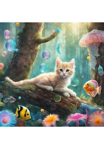 Art hand Auction Kitten Fish Forest Shell Cat Illustration Painting Picture Interior L-size Print ★NO112, Hobby, Culture, Artwork, others