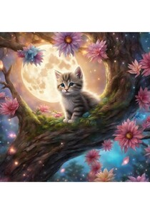 子猫　花　森　月星　ねこ　イラスト 絵画　絵　インテリア　Ｌ版プリント ★NO108