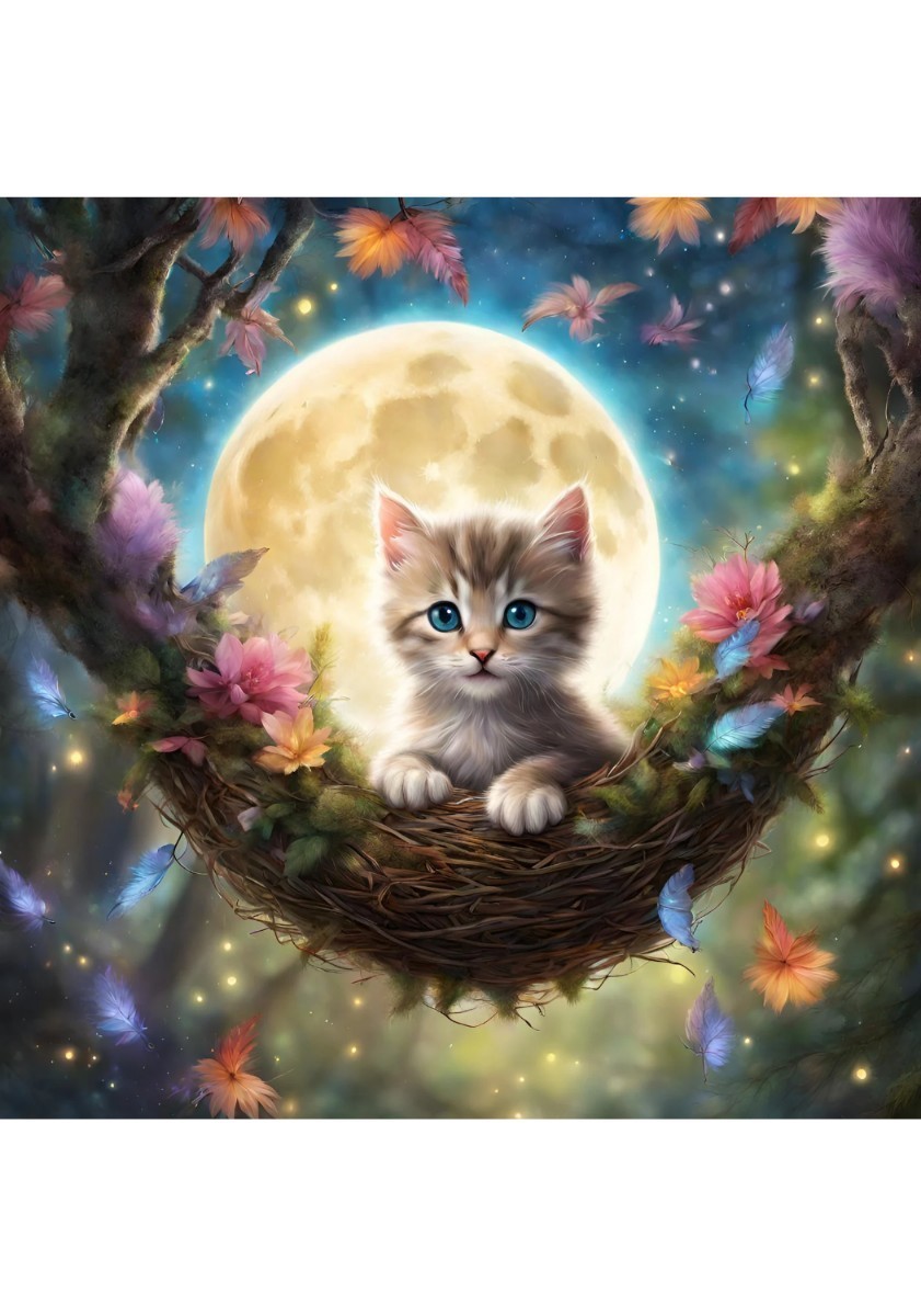 Kitten Flower Moon Star Cat Illustration Painting Picture Interior L size print ★NO106, Hobby, Culture, Artwork, others