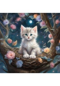 子猫　花　月星　ねこ　イラスト 絵画　絵　インテリア　Ｌ版プリント ★NO104