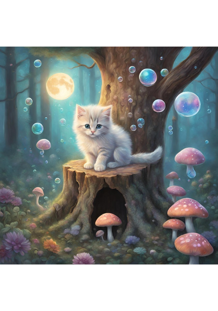 Kitten Mushroom Moon Star Cat Illustration Painting Picture Interior L Print ★NO96, Hobby, Culture, Artwork, others