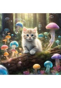 子猫　キノコ　クラゲ　ねこ　イラスト 絵画　絵　インテリア　Ｌ版プリント ★NO95