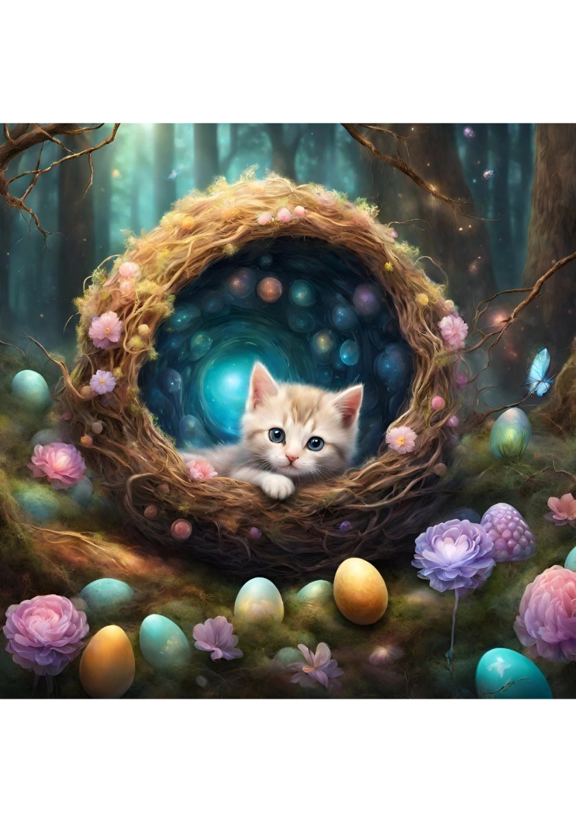Kitten Flowers Colorful Easter Eggs Cat Illustration Painting Picture Interior L-size Print ★NO87, Hobby, Culture, Artwork, others