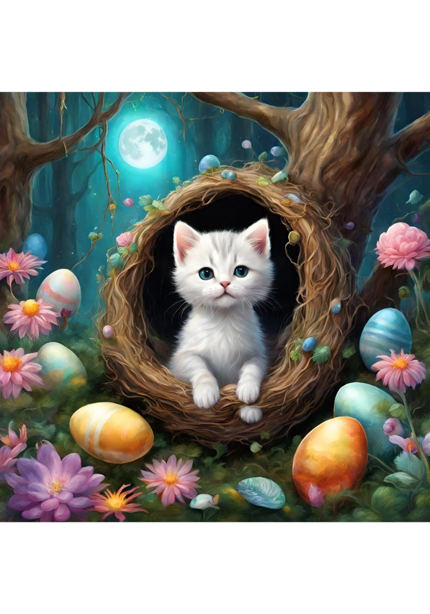 Gatito Flores Coloridos Huevos De Pascua Gato Ilustración Pintura Imagen Interior Impresión Tamaño L ★NO85, Pasatiempo, Cultura, Obra de arte, otros